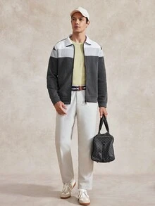 Courvante Men's Minimalist Versatile Zip-Up Striped Colorblock Long Sleeve Sweatshirt Fall - Multi-Color - View 2
