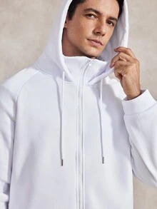 Courvante 男士休闲纯色抽绳连帽卫衣，白色男士连帽衫，男士拉链连帽衫，适合秋季穿着，长袖上衣 - 白色 - 查看 6