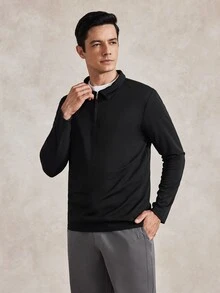 Courvante 男士四分之一拉鍊長袖 Polo 衫，秋季，正式 - 黑色 - 查看 4