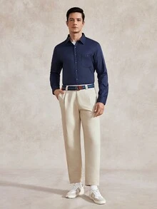 Courvante 男士純色休閒商務旅行錐形西裝長褲，正式禮儀儀式日常通勤穿搭 - 米色 - 查看 2