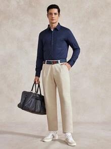 Courvante 男士純色休閒商務旅行錐形西裝長褲，正式禮儀儀式日常通勤穿搭 - 米色 - 查看 7