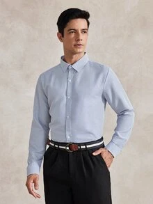 Courvante 男士單排扣修身休閒長袖正裝襯衫，適合通勤與商務，夏季淺藍色男士襯衫，秋季，儀式日常通勤 - 藍白色 - 查看 5