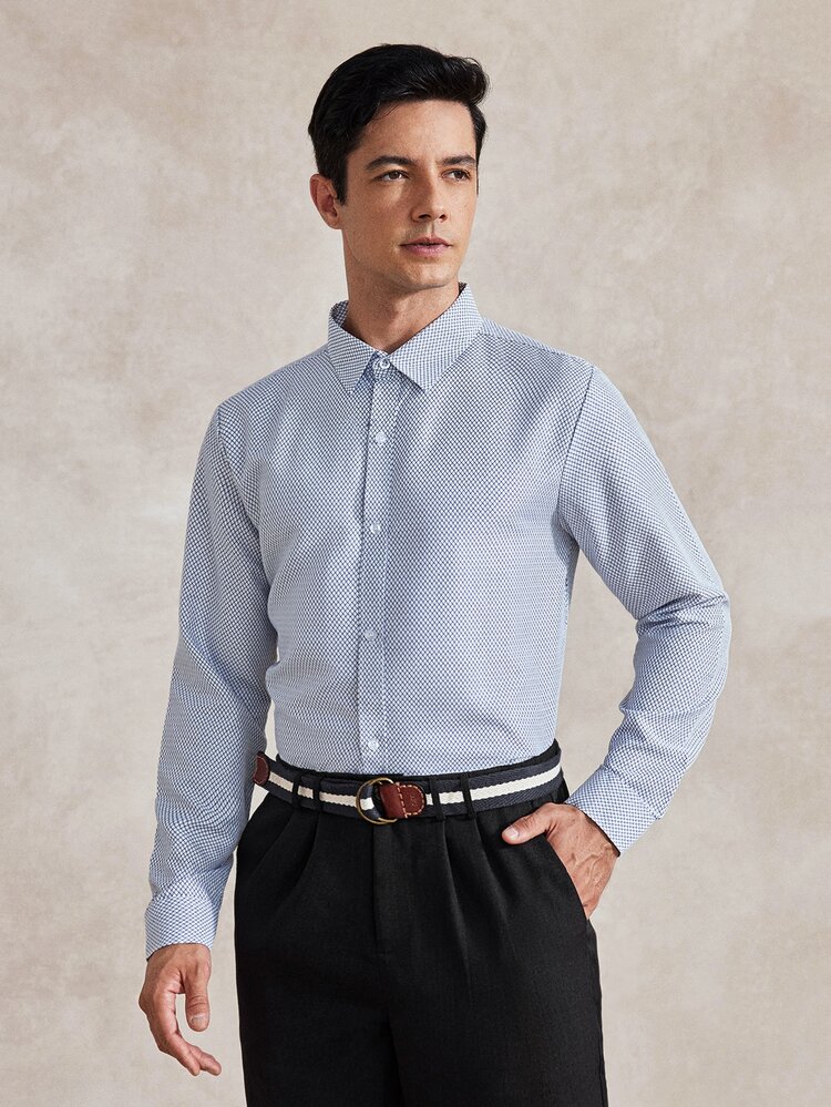 Courvante Men's Single-Breasted Regular Fit Casual Long Sleeve Dress Formal Shirt For Commuting And Business, Summer Light Blue Men Shirts, Fall, Ceremony Daily Commute - Blue and White - View 5