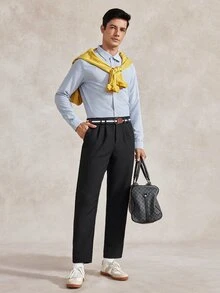 Courvante 男士單排扣修身休閒長袖正裝襯衫，適合通勤與商務，夏季淺藍色男士襯衫，秋季，儀式日常通勤 - 藍白色 - 查看 2