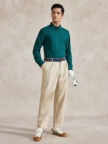 Courvante 男士商務休閒長袖純色正裝襯衫，簡約極簡日常穿著，適合秋季，老錢風，儀式感日常通勤 - 墨綠色 - 查看 8