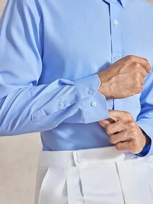 Courvante قميص رجالي بلون موحد بأزرار أمامية، أكمام طويلة، رسمي، للمناسبات والتنقل اليومي، خريف - الأزرق - مشاهدة 6