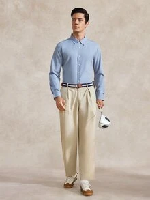 Courvante 男士時尚休閒長袖襯衫 立領素色鈕扣長袖襯衫 商務日常通勤 秋季 - 淺灰色 - 查看 7