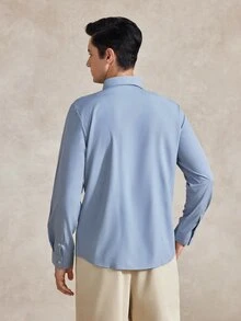 Courvante 男士時尚休閒長袖襯衫 立領素色鈕扣長袖襯衫 商務日常通勤 秋季 - 淺灰色 - 查看 2