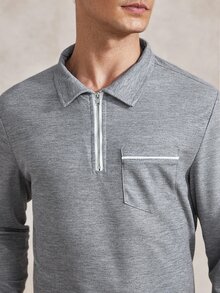 Courvante Men's Half Zipper Polo Shirt With Patchwork Edge, Fall, Long Sleeve Top, Formal - Grey - View 6