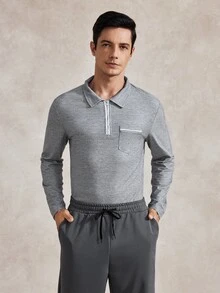 Courvante Men's Half Zipper Polo Shirt With Patchwork Edge, Fall, Long Sleeve Top, Formal - Grey - View 5