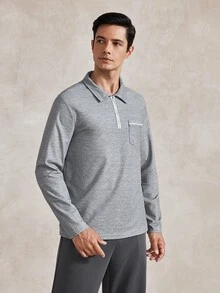 Courvante Men's Half Zipper Polo Shirt With Patchwork Edge, Fall, Long Sleeve Top, Formal - Grey - View 4