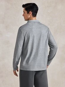 Courvante Men's Half Zipper Polo Shirt With Patchwork Edge, Fall, Long Sleeve Top, Formal - Grey - View 3