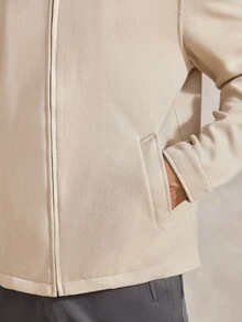 Courvante 男士長袖純色拉鍊休閒大衣，秋冬商務日常通勤款 - 杏色 - 查看 7