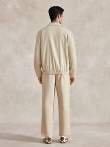 Courvante Men's Khaki Turn-Down Collar Elastic Hem Loose Long Pants Casual 2 Pieces Set Fall - Khaki - View 2