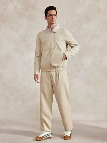 Courvante Men's Khaki Turn-Down Collar Elastic Hem Loose Long Pants Casual 2 Pieces Set Fall - Khaki - View 9