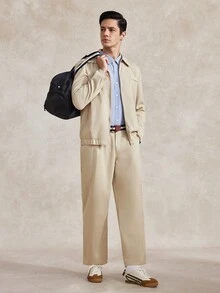 Courvante Men's Khaki Turn-Down Collar Elastic Hem Loose Long Pants Casual 2 Pieces Set Fall - Khaki - View 1