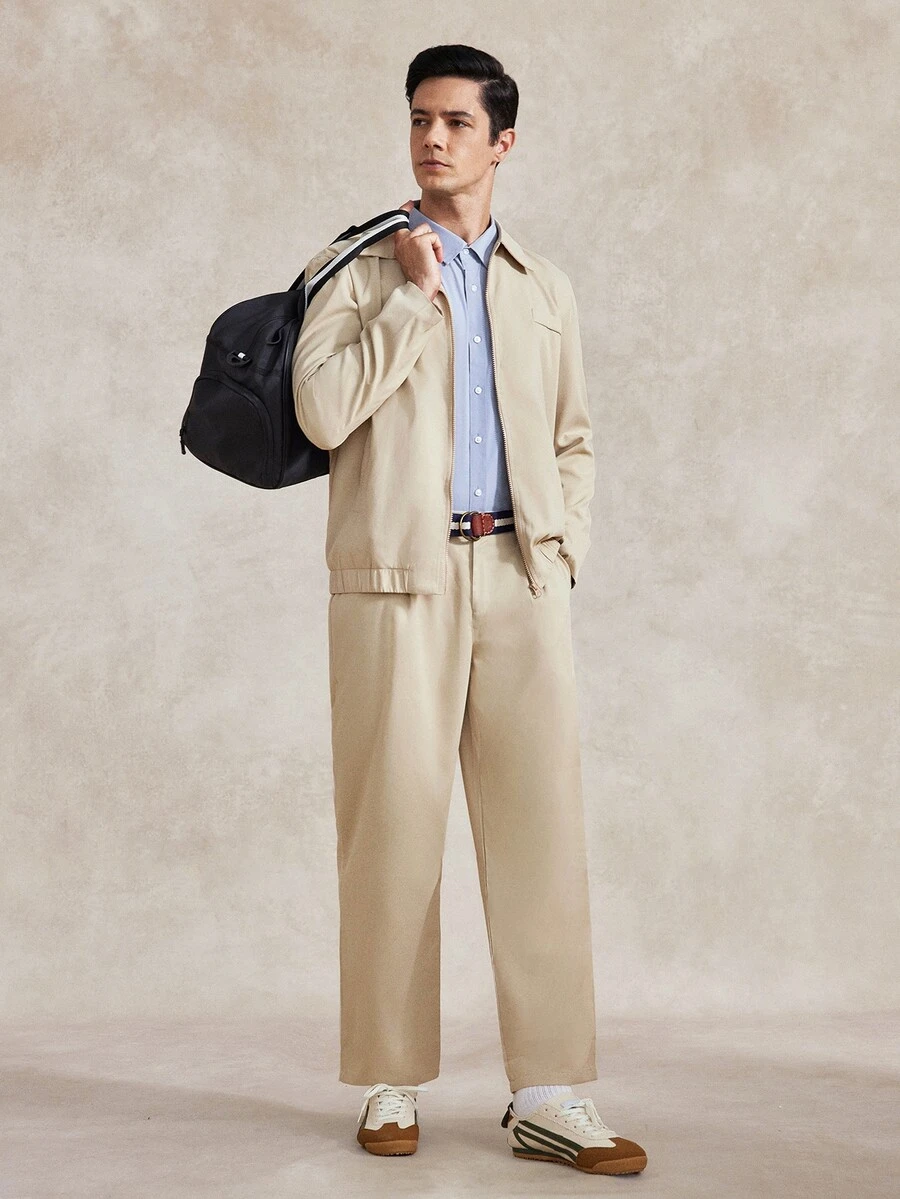 Courvante Men's Khaki Turn-Down Collar Elastic Hem Loose Long Pants Casual 2 Pieces Set Fall - Khaki - View 1