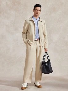 Courvante Men's Khaki Turn-Down Collar Elastic Hem Loose Long Pants Casual 2 Pieces Set Fall - Khaki - View 3