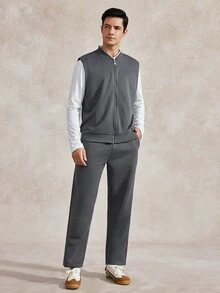 Courvante Men's Casual Zipper Jacket Dark Grey,Autumn,Streetwear,Work,Versatile Co Ord Set,Tracksuit Set,Jogging Set,Sweatsuit Gym Clothes,Simple Daily Leisure - Dark Gray - View 3
