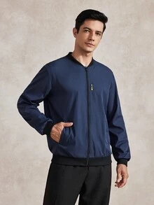 Courvante 男士純色極簡休閒拉鍊長袖夾克外套 防風衣/戶外防風衣，適合秋季商務日常通勤與冬季 - 寶藍色 - 查看 4