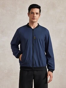 Courvante 男士純色極簡休閒拉鍊長袖夾克外套 防風衣/戶外防風衣，適合秋季商務日常通勤與冬季 - 寶藍色 - 查看 5