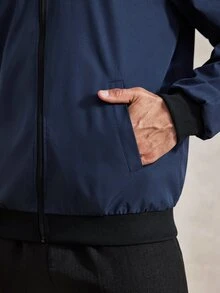 Courvante 男士純色極簡休閒拉鍊長袖夾克外套 防風衣/戶外防風衣，適合秋季商務日常通勤與冬季 - 寶藍色 - 查看 7