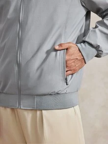 Courvante 男士寬鬆版型小立領長袖休閒拉鍊口袋夾克，適合秋季商務日常通勤與冬季穿著 - 鴿灰色 - 查看 6