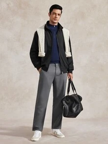 Courvante 男士長袖寬鬆拉鍊口袋夾克，老錢風，秋季商務日常通勤，冬季 - 黑色 - 查看 8