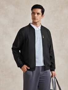 Courvante Men Black Fabric Bomber Jacket With Long Regular Sleeves And Zipper Closure For Everyday Wear , Fall Business Daily Commute‌ Winter - Black - View 5
