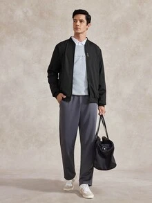 Courvante Men Black Fabric Bomber Jacket With Long Regular Sleeves And Zipper Closure For Everyday Wear , Fall Business Daily Commute‌ Winter - Black - View 7