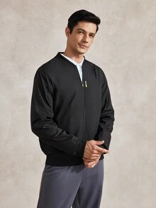 Courvante Men Black Fabric Bomber Jacket With Long Regular Sleeves And Zipper Closure For Everyday Wear , Fall Business Daily Commute‌ Winter - Black - View 4
