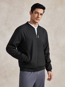 Courvante Men Black Fabric Bomber Jacket With Long Regular Sleeves And Zipper Closure For Everyday Wear , Fall Business Daily Commute‌ Winter - Black - View 1