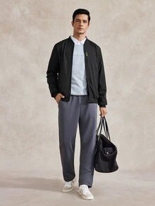 Courvante Men Black Fabric Bomber Jacket With Long Regular Sleeves And Zipper Closure For Everyday Wear , Fall Business Daily Commute‌ Winter - Black - View 2