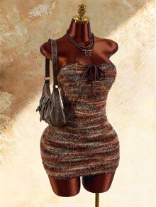Amplova Bohemian Style Textured Fabric Cutout Bust Tie-Up Bodycon Bodycon Dress - Brown - View 7