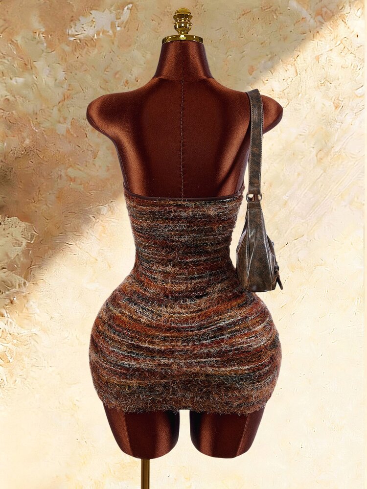 Amplova Bohemian Style Textured Fabric Cutout Bust Tie-Up Bodycon Bodycon Dress - Brown - View 10