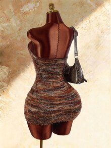 Amplova Bohemian Style Textured Fabric Cutout Bust Tie-Up Bodycon Bodycon Dress - Brown - View 5