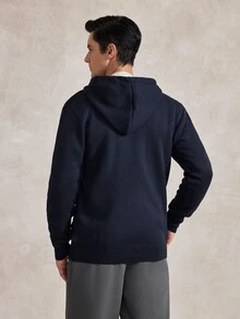 Courvante 男士休閒拼色抽繩連帽開襟衫，內層保暖，秋冬長袖上衣，商務日常通勤款 - 藏蓝色 - 查看 3
