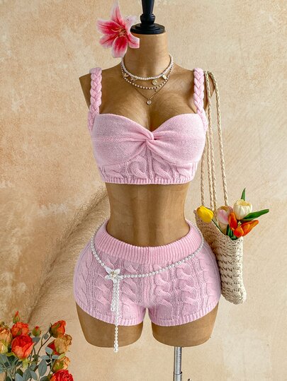 Soleia Women's Casual Vacation Pink Cable Knit Camisole Sweater Top + Low Waist Sweater Shorts 2-Piece Set, Casual, Daily Commute, Date, Afternoon Tea, Beach, Cruise Vacation, Road Trip, City Vacation, Music Festival Outfit