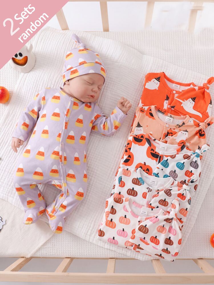 [2pcs Dikirim Secara Acak] Jumpsuit Bayi Baru Lahir untuk di Rumah, Warna-warni Acak, Set 2 Potong Bayi Halloween, Romper Terusan dengan Motif Kartun dan Hantu, Topi Beanie dengan Motif Senada, Gaya Liburan Amerika yang Ceria, Kain Lembut dan Nyaman, Set Pakaian Tidur di Rumah untuk Liburan dan Berfoto di Luar Rumah untuk Bayi Baru Lahir - MultiWarna - View 7