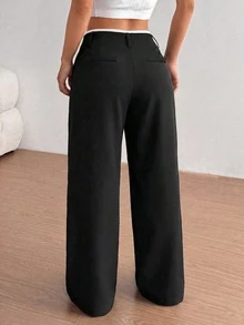 FavEase 女款秋季高端側口袋拼接修身直筒黑白長褲，適合日常、校園工作、辦公與商務場合休閒穿著 - 黑色 - 查看 2