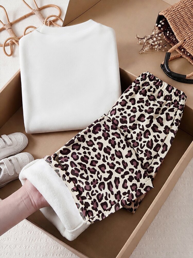 Vintage Leopard Print Fuzzy Girls Set, Top With Bow Pattern Sweet And Exquisite, Leopard Print Wide Leg Pants Casual And Snug Fit, Fabric Thick And Soft, One Set Matching Without Effort, Easily Create Sweet And Cool Girls Daily Outfit - Multicolor - View 2