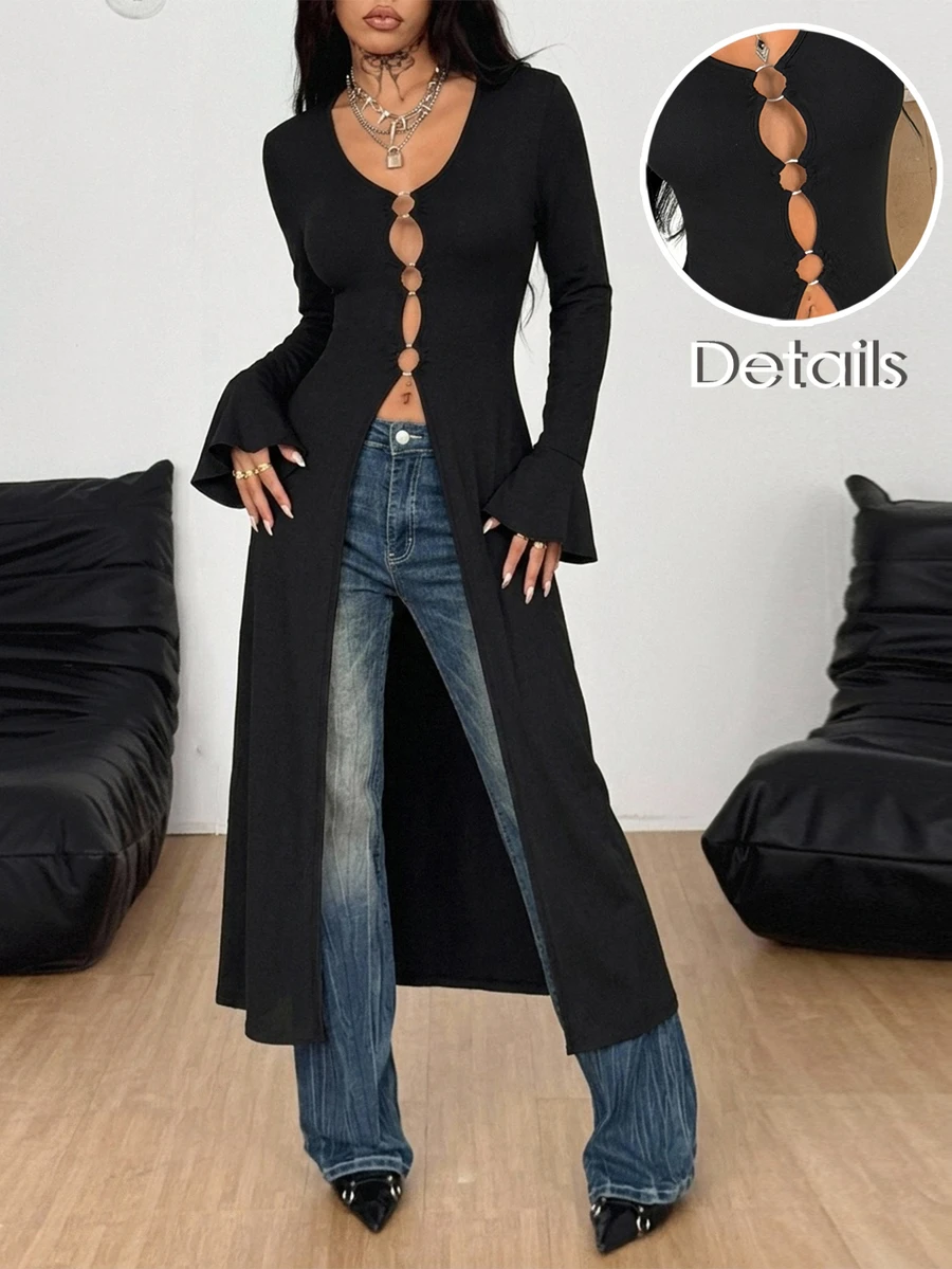 Coolane Women Fall/All-Season Streetwear Boho Y2k Sexy Fairycore Daily Wear Rave Renaissance Fair Hippie Music Festival Cut Out Long Coat Black Tops