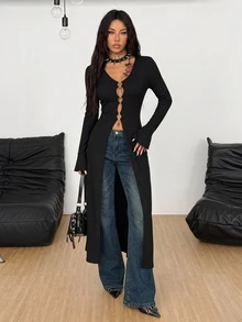Coolane Women Fall/All-Season Streetwear Boho Y2k Sexy Fairycore Daily Wear Rave Renaissance Fair Hippie Music Festival Cut Out Long Coat Black Tops - Black - View 7