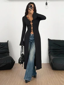 Coolane Women Fall/All-Season Streetwear Boho Y2k Sexy Fairycore Daily Wear Rave Renaissance Fair Hippie Music Festival Cut Out Long Coat Black Tops - Black - View 4