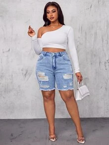 Jeanoix Plus Size Casual Washed Distressed Denim Shorts Formal Vacation Light Blue Summer - Blue - View 4
