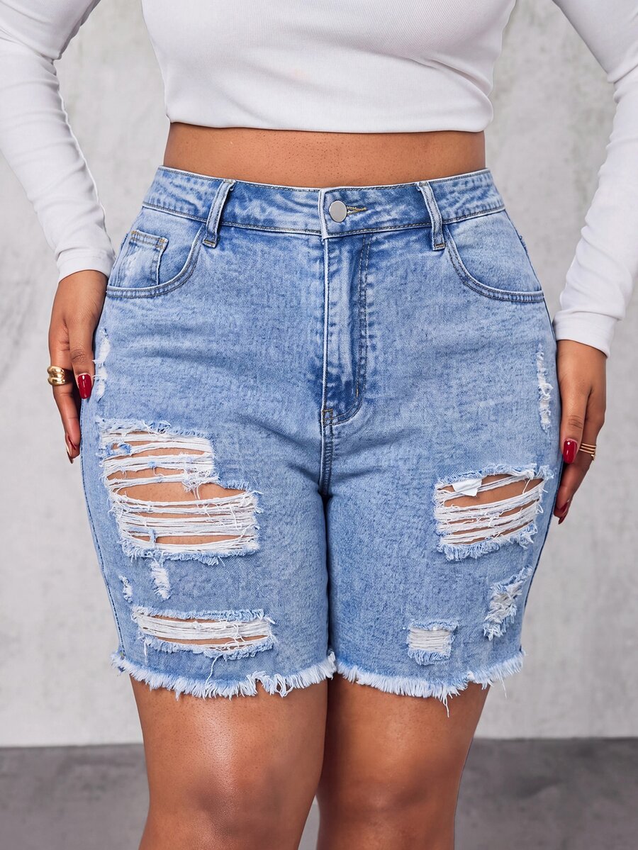 Jeanoix Plus Size Casual Washed Distressed Denim Shorts Formal Vacation Light Blue Summer - Blue - View 1
