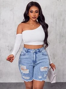 Jeanoix Plus Size Casual Washed Distressed Denim Shorts Formal Vacation Light Blue Summer - Blue - View 3
