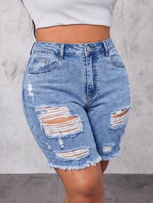 Jeanoix Plus Size Casual Washed Distressed Denim Shorts Formal Vacation Light Blue Summer - Blue - View 6