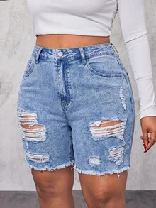 Jeanoix Plus Size Casual Washed Distressed Denim Shorts Formal Vacation Light Blue Summer - Blue - View 5