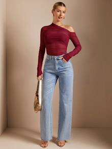 SHEIN BAE 女式纯色不对称褶皱透视修身上衣，适合秋季 - 酒紅色 - 查看 3